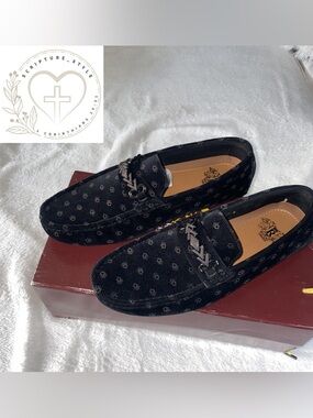 Black Patterned Velvet Driving Loafers with Metal Bit